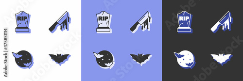 Set Flying bat, Tombstone with RIP written, Moon and stars and Bloody knife icon. Vector