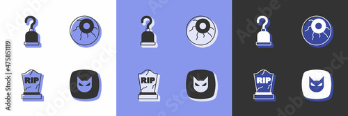 Set Black cat, Pirate hook, Tombstone with RIP written and Eye icon. Vector