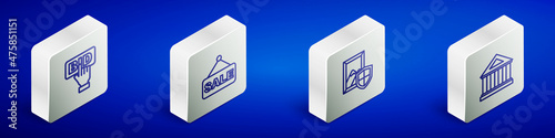 Set Isometric line Bid, Price tag with Sale, Auction painting and Museum building icon. Vector