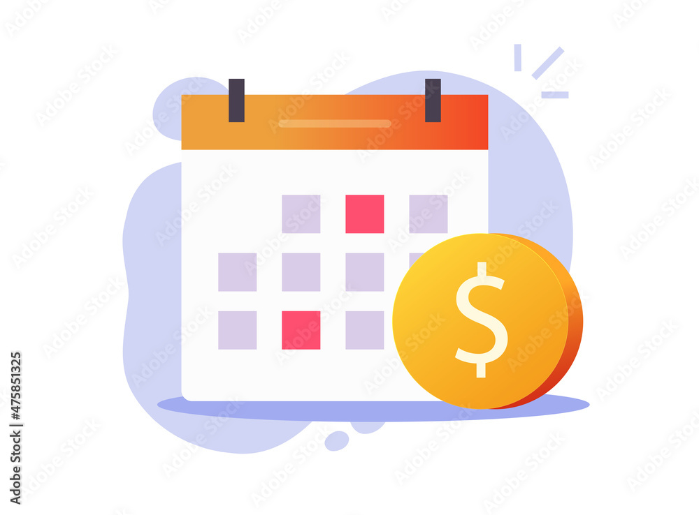 Recurring pay and monthly payment day or loan or money cash payday icon on calendar vector flat cartoon symbol, scheduled annual credit bill, financial subscription agenda - obrazy, fototapety, plakaty 