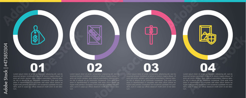 Set line Price tag with Sale, Auction painting sold, Hand holding auction paddle and . Business infographic template. Vector