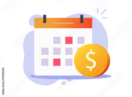 Recurring pay and monthly payment day or loan or money cash payday icon on calendar vector flat cartoon symbol, scheduled annual credit bill, financial subscription agenda