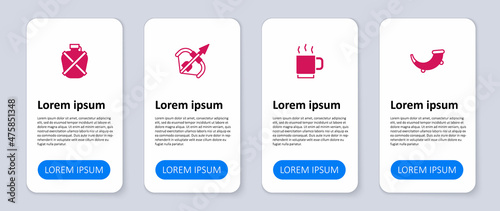 Set Hunting horn, Coffee cup, Medieval bow and arrow and Canteen water bottle. Business infographic template. Vector