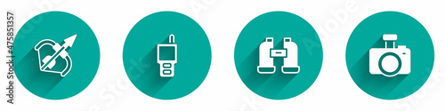 Set Medieval bow and arrow, Walkie talkie, Binoculars and Photo camera icon with long shadow. Vector