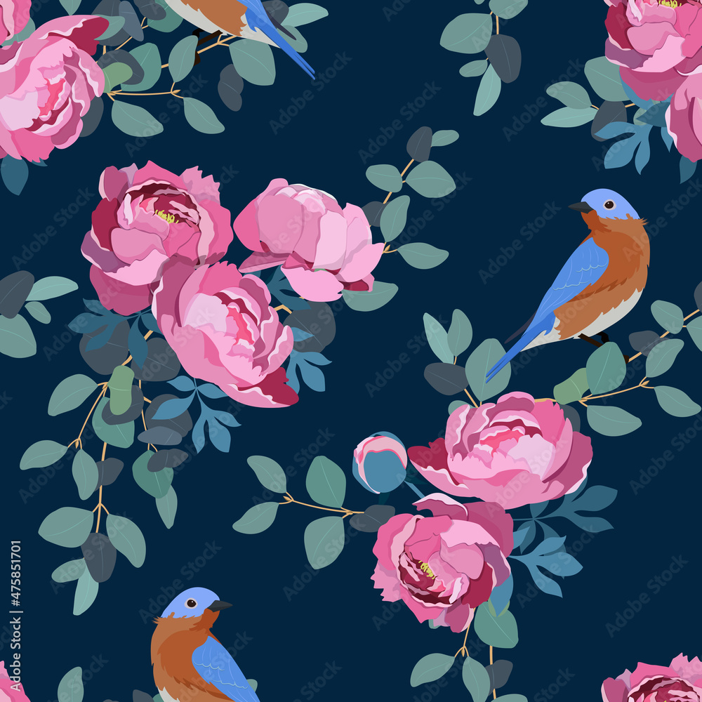 Peonies and birds. Seamless vector illustration on a dark background.