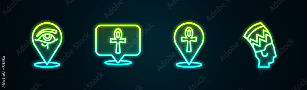 Set line Eye of Horus, Cross ankh, and Nefertiti. Glowing neon icon. Vector - obrazy, fototapety, plakaty 
