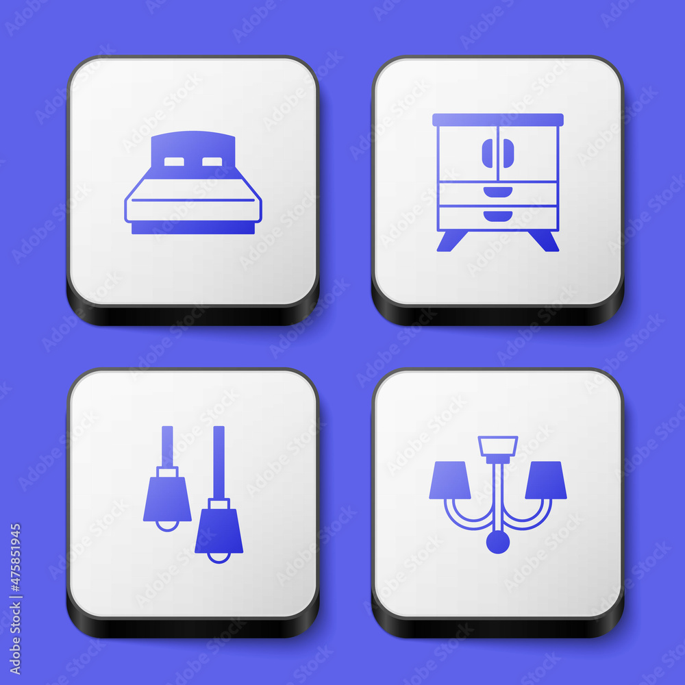 Set Big bed, Chest of drawers, Lamp hanging and Chandelier icon. White square button. Vector Set Big bed, Chest of drawers, Lamp hanging and Chandelier icon. White square button. Vector