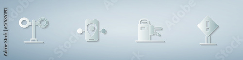 Set Train traffic light, Route location, Turnstile and Exclamation mark square. Paper art style. Vector