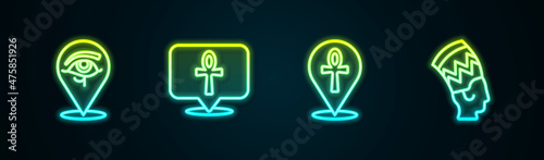 Set line Eye of Horus, Cross ankh, and Nefertiti. Glowing neon icon. Vector