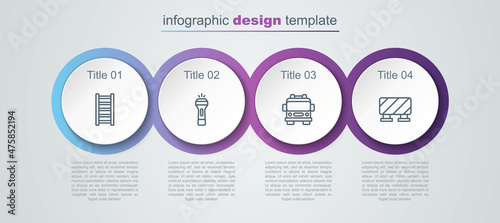 Set line Fire escape, Flashlight, truck and Road barrier. Business infographic template. Vector