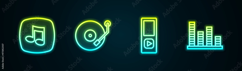 Set line Music note, tone, Vinyl player, and equalizer. Glowing neon icon. Vector Set line Music note, tone, Vinyl player, and equalizer. Glowing neon icon. Vector