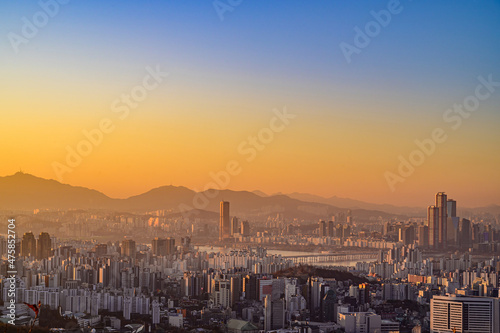 Photography City scape night view of Seoul,Korea at sunrise time from the top of mountain
