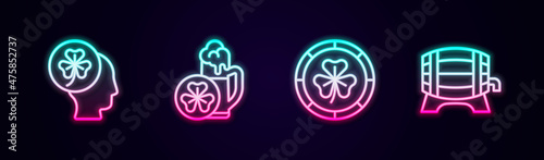 Set line Head with clover trefoil leaf, Glass of beer, Golden leprechaun coin and Wooden barrel on rack. Glowing neon icon. Vector