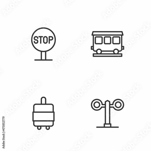 Set line Train traffic light, Suitcase, Stop sign and Passenger train cars icon. Vector