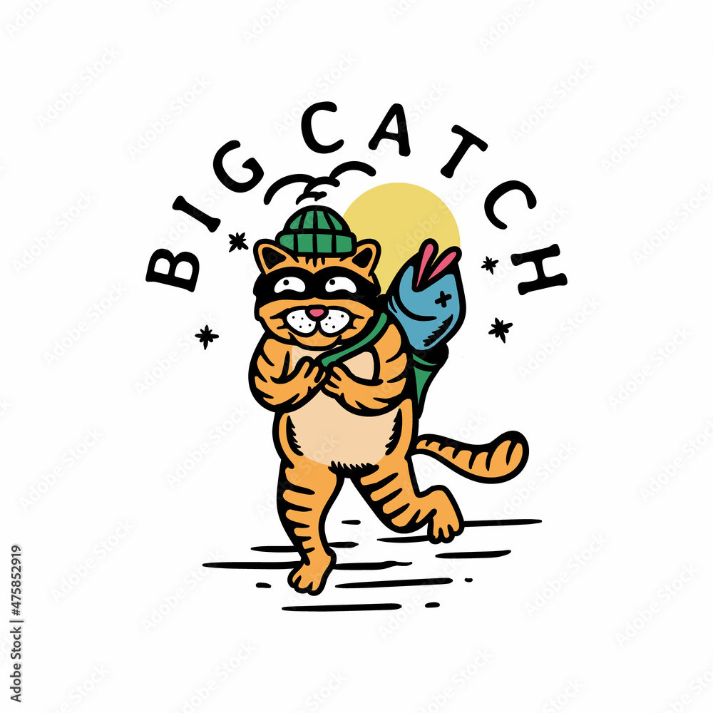 Naklejka premium orange cat illustration stealing big fish