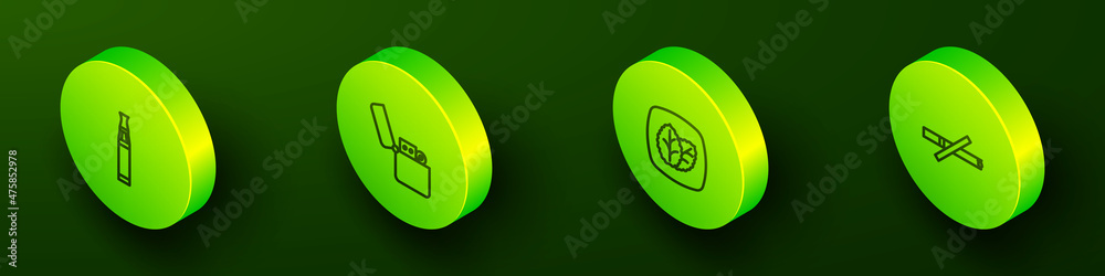 Set Isometric line Electronic cigarette, Lighter, Tobacco leaf and No smoking icon. Vector Set Isometric line Electronic cigarette, Lighter, Tobacco leaf and No smoking icon. Vector