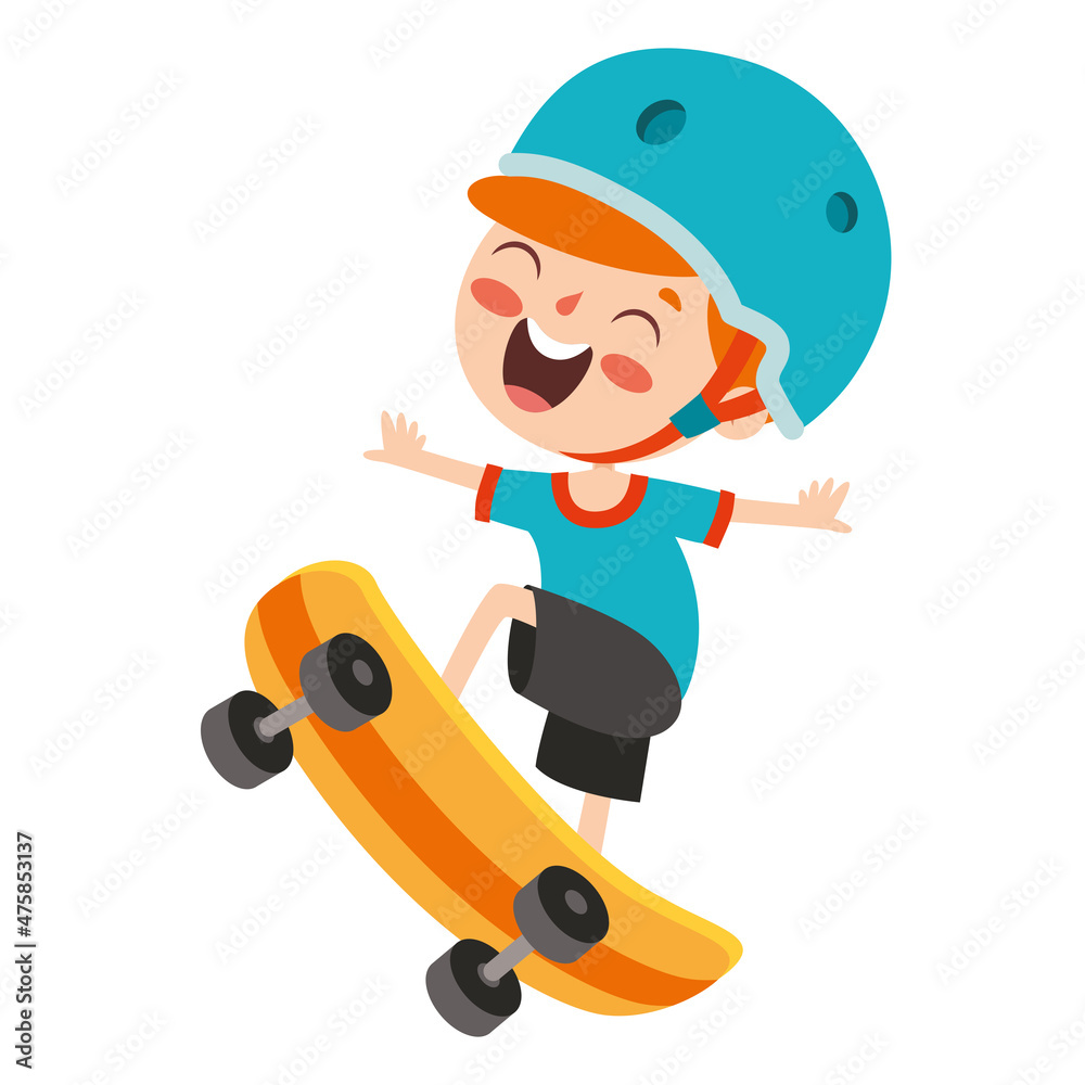 Cartoon Illustration Of A Kid Playing Skateboard