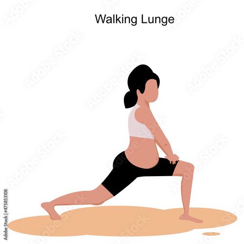No face Pregnant woman yoga pose .Young woman Pregnant Walking Lunge Pose with text on white background.Vector isolate flat design concept for exercising prenatal better for mum and baby
