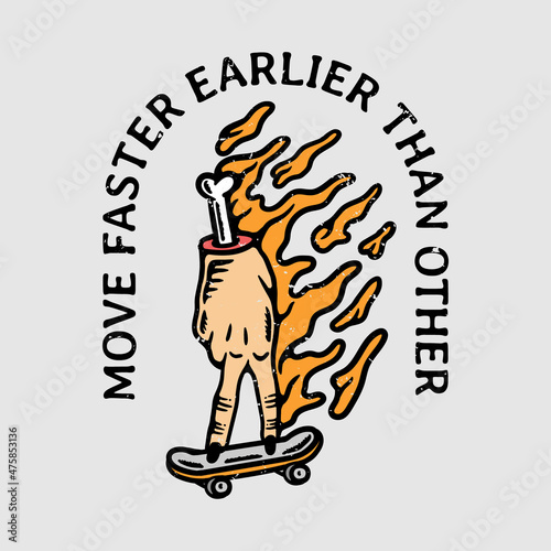 burning hand illustration playing mini skateboard in vintage style