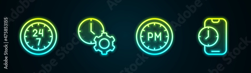 Set line Clock 24 hours, Time management, Day time and Alarm clock app mobile. Glowing neon icon. Vector