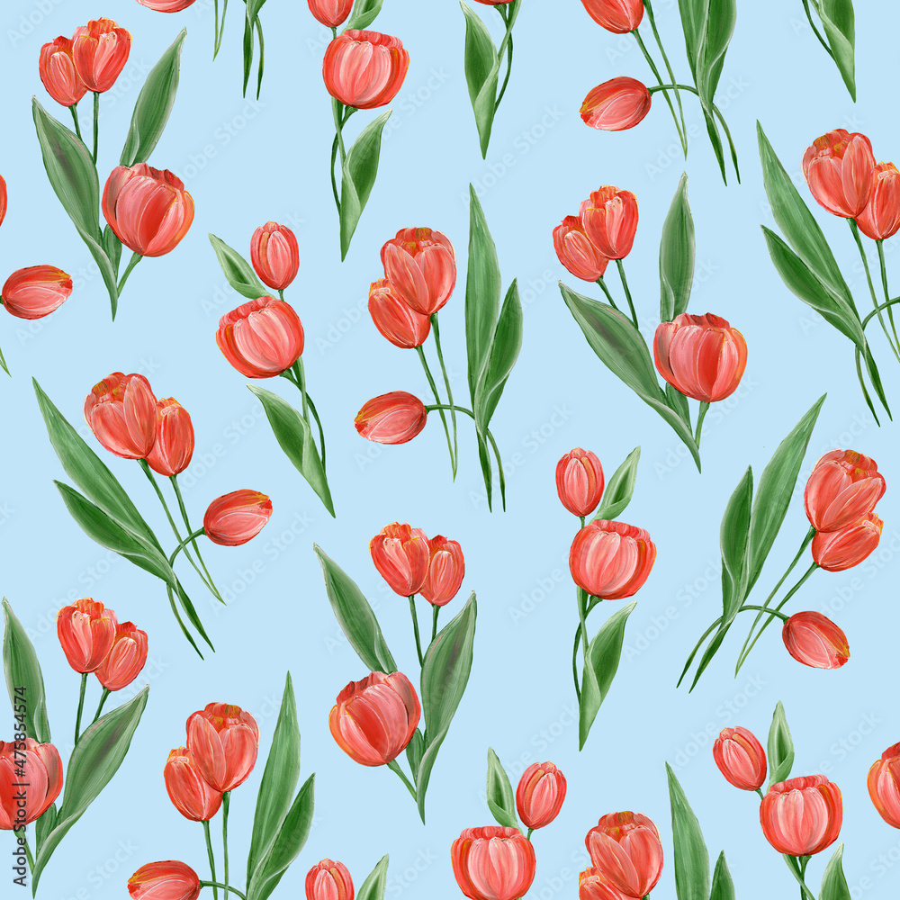 Red tulips with green leaves on a light blue background. Botanical seamless pattern. Watercolor illustration. Spring flowers. For textiles, postcards, packaging. Red tulips with green leaves on a light blue background. Botanical seamless pattern. Watercolor illustration. Spring flowers. For textiles, postcards, packaging.