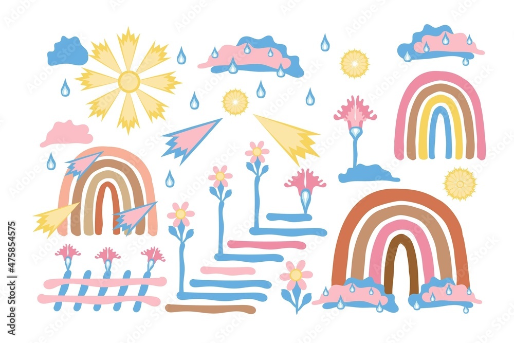 Rainbow, sun, clouds, rain, flowers, steps, drawings in the Scandinavian style, pastel colors, on a white background, for aunt's posters, cards, prints