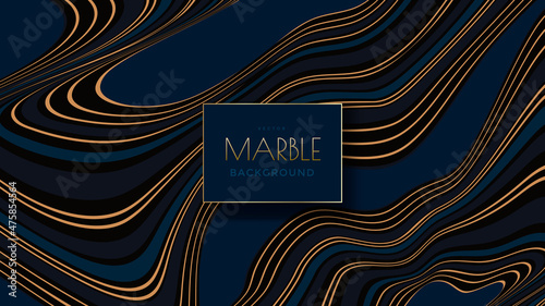 Blue marble with golden veins vector pattern. Wave abstract background with gold and blue lines.