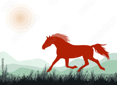  isolated silhouette of a running trotter against the landscape. sun.
