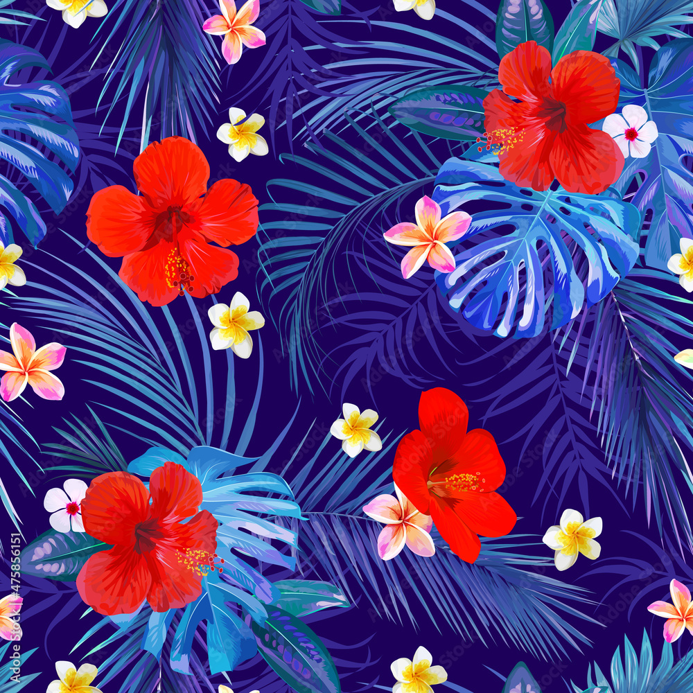 Seamless tropical motif with leaves and flowers