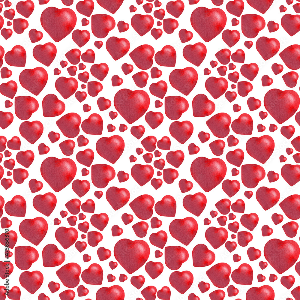 Watercolor seamless pattern with stars, balls and hearts in a strict and free geometric order