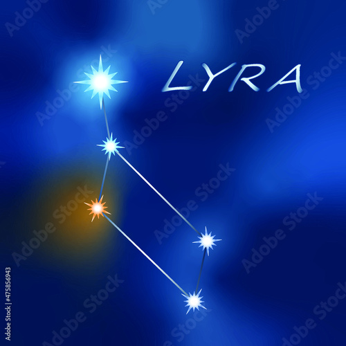 Lyra constellation astrology vector illustration. Stars in the blue night sky. Lyra constellation with real color of stars and blue filaments sign the beautiful starry sky. 