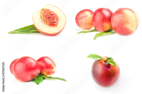 Collage of fresh peaches fruits