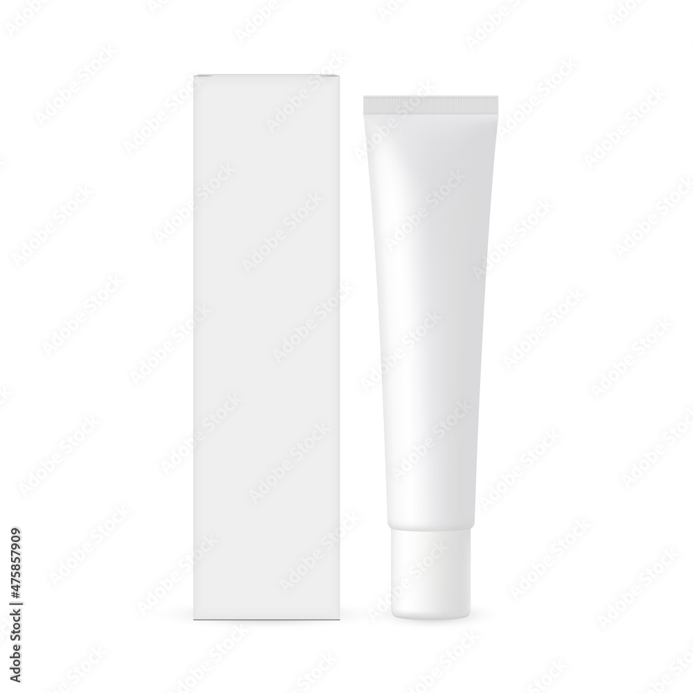 Plastic Cosmetic Tube with Paper Box Mockup, Front View, Isolated on White Background. Vector Illustration Plastic Cosmetic Tube with Paper Box Mockup, Front View, Isolated on White Background. Vector Illustration