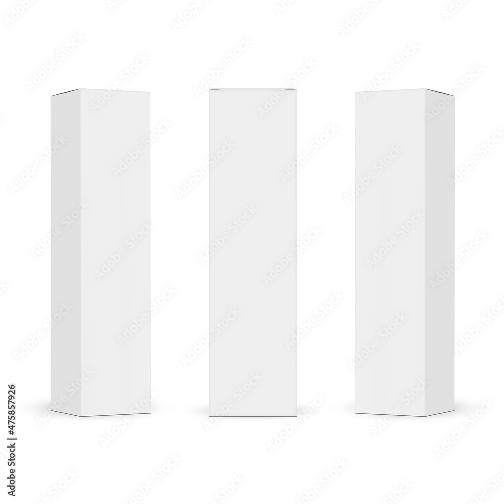 Three Tall Paper Rectangular Packaging Boxes Mockups, Isolated on White Background. Vector Illustration Three Tall Paper Rectangular Packaging Boxes Mockups, Isolated on White Background. Vector Illustration