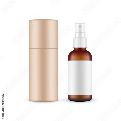 Amber Spray Bottle Mockup with Kraft Paper Tube, Isolated on White Background. Vector Illustration