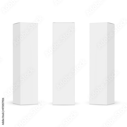 Three Tall Paper Rectangular Packaging Boxes Mockups, Isolated on White Background. Vector Illustration