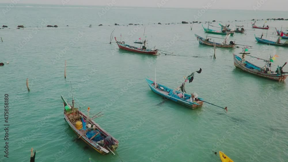 top view on fishing boats by samui island. High quality FullHD footage top view on fishing boats by samui island. High quality FullHD footage