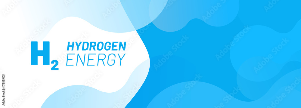 Abstract blue background for website banner in bright blue with white space for text. Floating round elements and molecules with text H2 and Hydrogen Energy. Template for website, mailing or print.