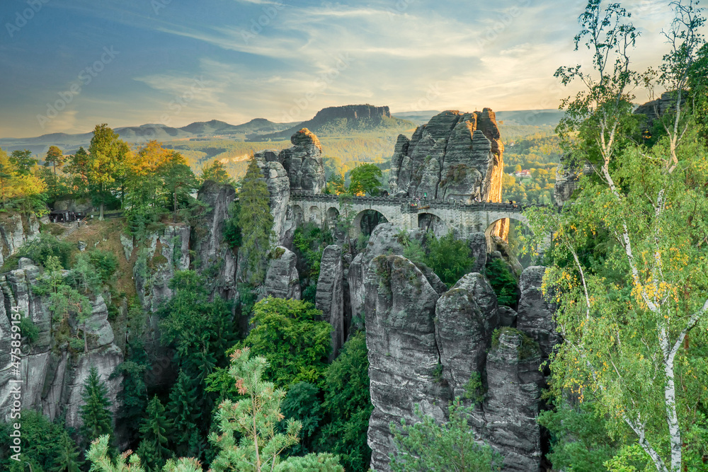 View of the Bastei Bridge and the Saxon National Park, Germany