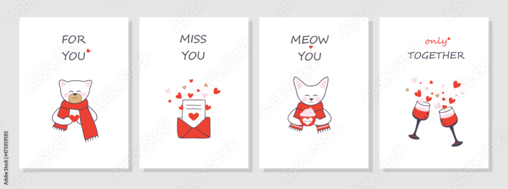 Valentine's day postcards set. Romantic text and animals. Cute cat, bear, glasses of wine, and love letter. Illustration. Valentine's day postcards set. Romantic text and animals. Cute cat, bear, glasses of wine, and love letter. Illustration.