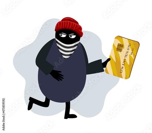 Online fraud. Cyber thief steals money, credit card details. Flat vector cartoon illustration.