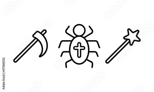 set of icon collection related to halloween event. a devil ax, spider, and magic stick. the editable stroke line for web icon interface or any design element.