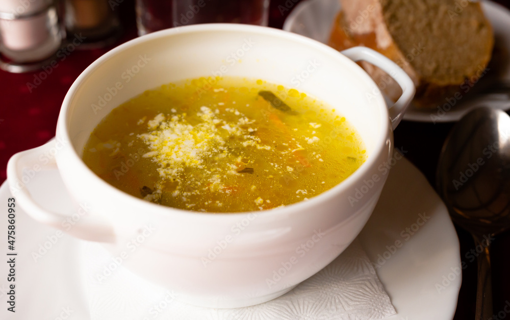 Soviet soup with pickles and barley. Leningrad rassolnik Soviet soup with pickles and barley. Leningrad rassolnik