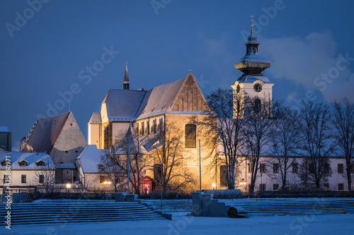 Winter evening in historical city Ceske Budejovice in the Czech Republic photo