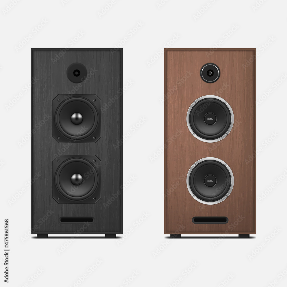 Fototapeta premium Realistic big loud speakers set vector illustration acoustic systems for home or music studio