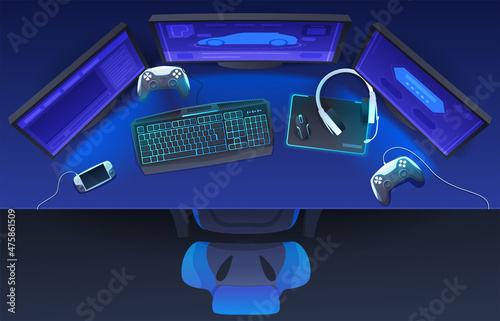 Dark neon gamer workspace vector isometric illustration. Top view digital game room with computer