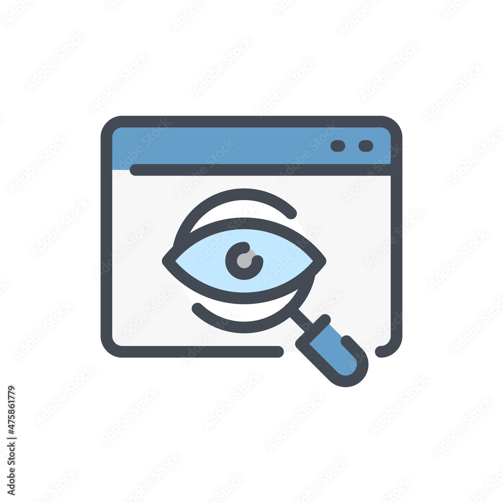 Online search color line icon. Website with magnifier glass and eye vector outline colorful sign. Online search color line icon. Website with magnifier glass and eye vector outline colorful sign.