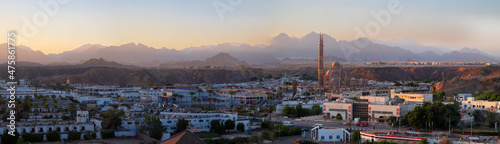 Obraz na plátně Panoramic top view of Al Sahab mosque and old town at sunset, banner