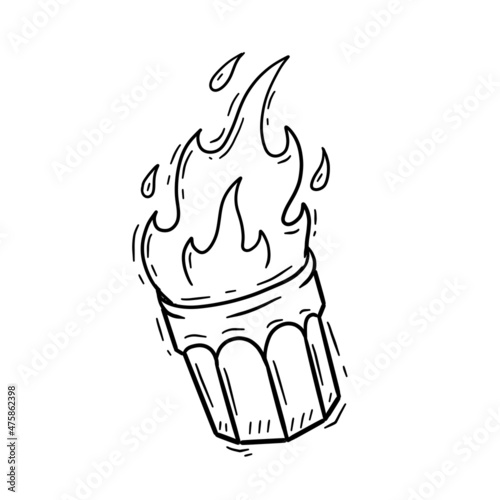 Burning glass. Tequila in glass. Fire cocktail in shot glass. Hand drawn illustration