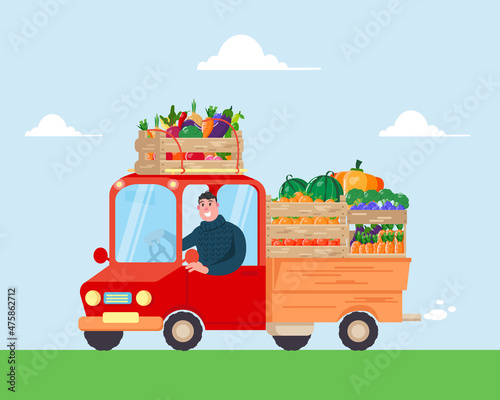 Truck with fresh vegetables and fruits. Cheerful farmer or delivery man. Vector illustration in a flat style.